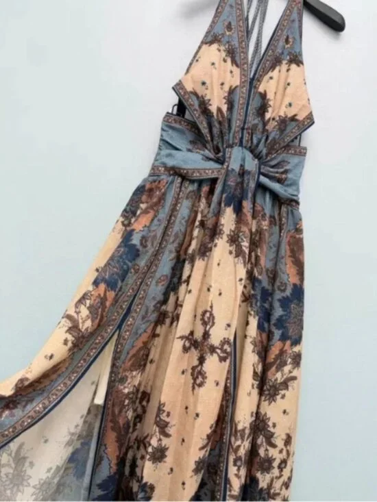 Zimmermann Beige and Blue Floral Halter Maxi Dress - Picture 3 of 9